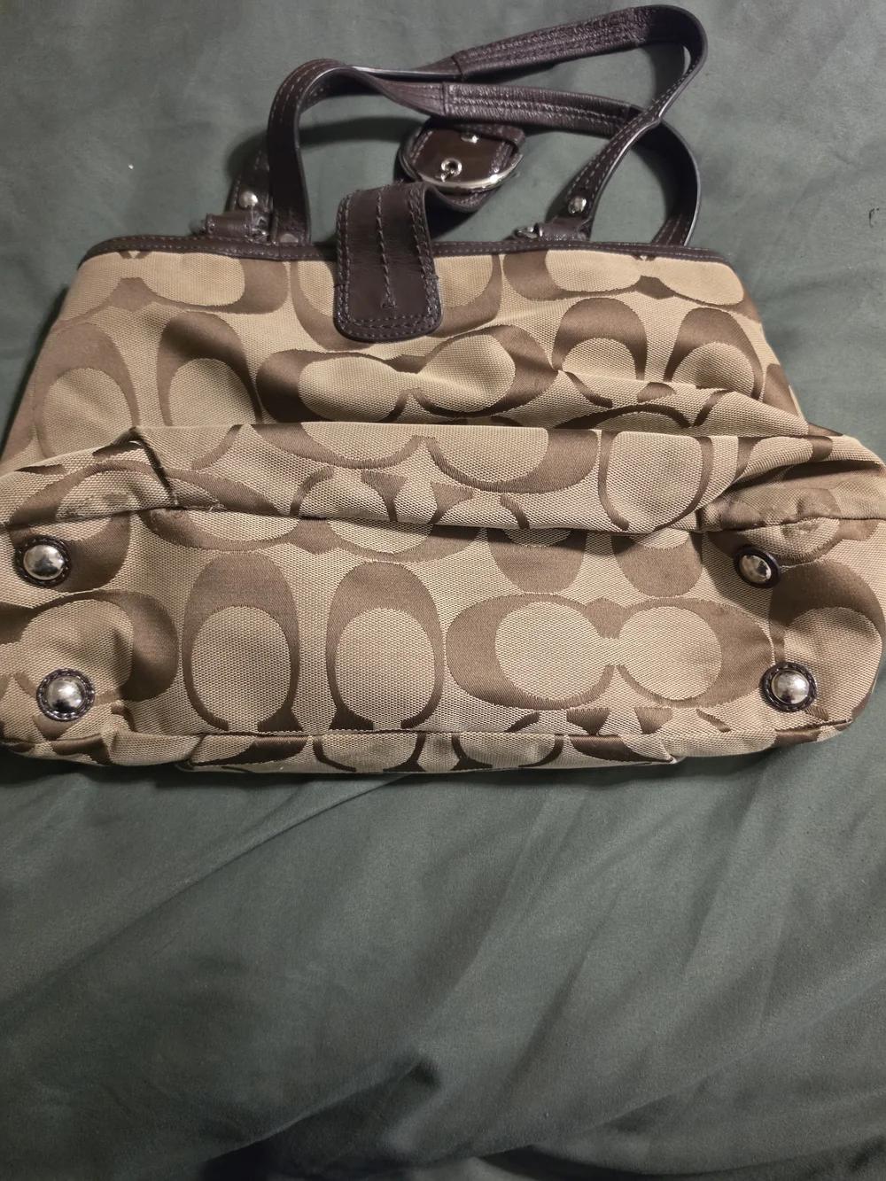 Coach Tan Signature Canvas Shoulder Bag with Brown Leather Trim